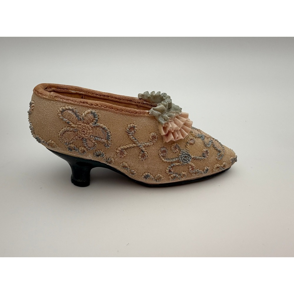 Miniature Decorative Shoe Figurine Floral Embroidery Ruffled Ribbon Peach Tan - Picture 3 of 7
